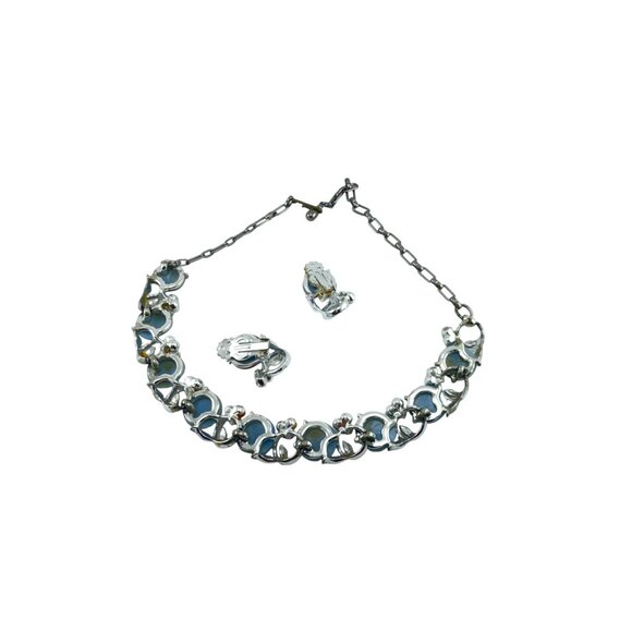Vintage Blue Moonglow Bead & Faux Pearl Necklace Earrings Set Silver Tone Floral - Picture 9 of 10